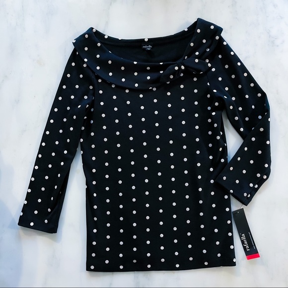 Black and White Polka Dot Boat Neck Shirt - Picture 5 of 16
